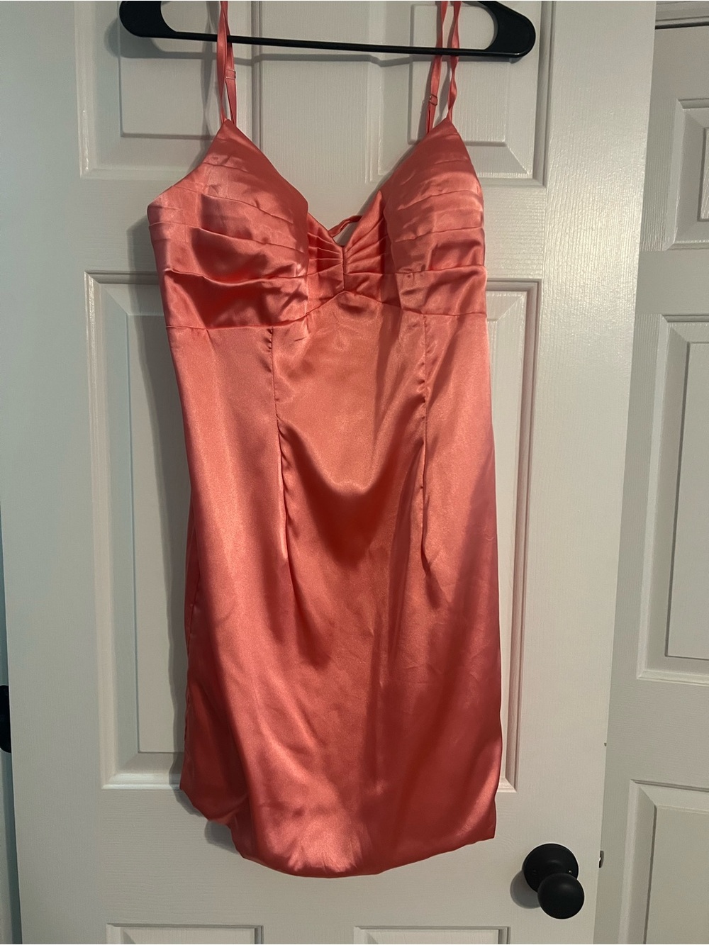 Satin Spaghetti-Strap Dress in Coral Pink